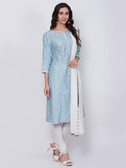 biba blue embroidered kurta with churidar & dupatta