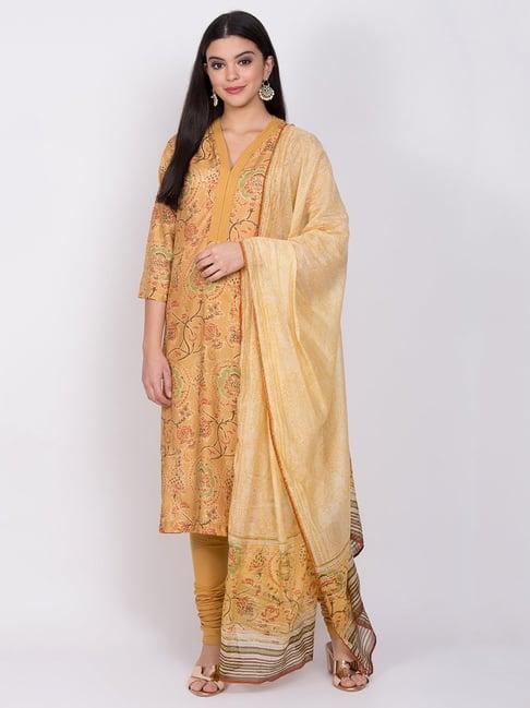 biba mustard printed kurta with churidar & dupatta