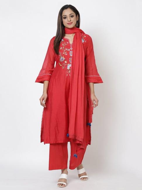 biba red embroidered kurta with palazzo & dupatta