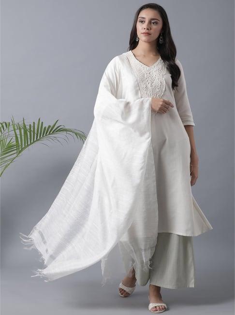 w white cotton embroidered ready to stich kurta bottom set - 2 piece gift box