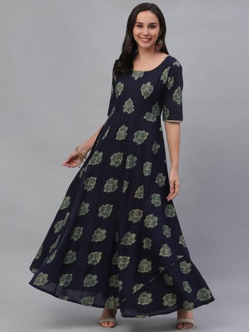 gerua navy cotton printed maxi dress