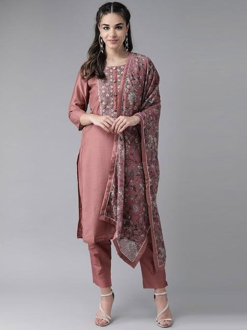 ishin women's silk blend mauve embroidered a-line kurta trouser dupatta set