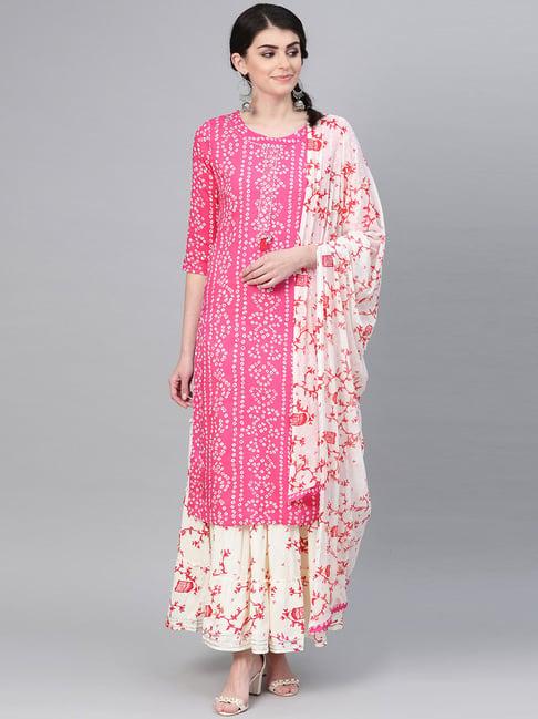 ishin women's cotton pink & off white printed gota patti a-line kurta skirt dupatta set