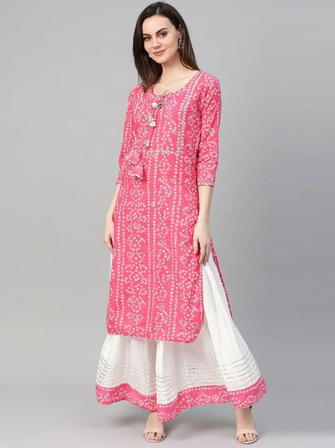 ishin women's cotton pink & white gota patti embellished a-line kurta skirt set