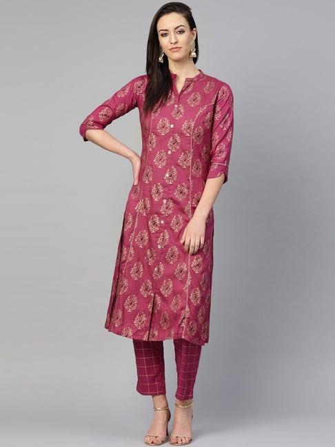 ishin women's cotton purple foil printed gota patti a-line kurta trouser set