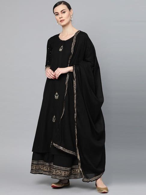 ishin women's cotton black embellished a-line kurta palazzo dupatta set