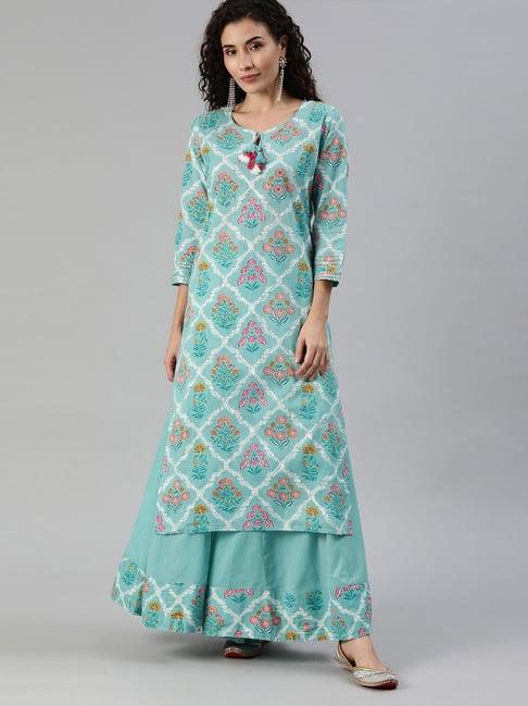 ishin women's blue printed gota patti a-line kurta sharara set