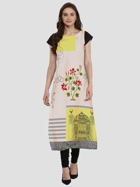 ahalyaa yellow & beige printed straight kurta