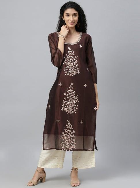 geroo jaipur brown hand embroidered gota patti chanderi kurta with palazzo