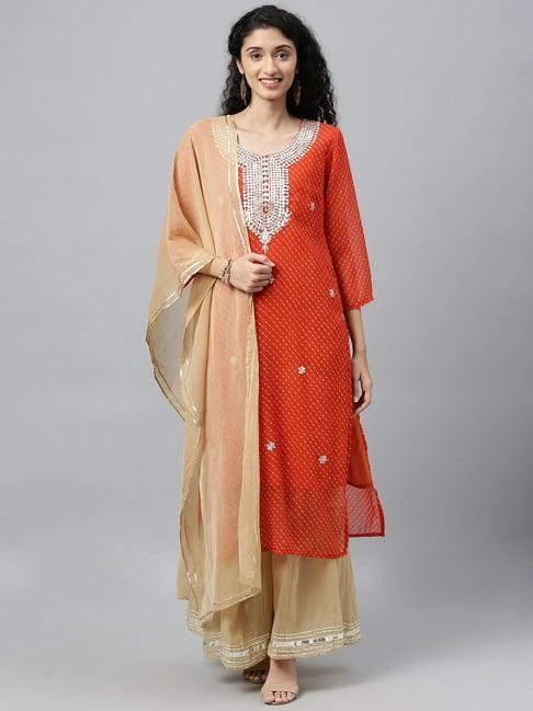 geroo jaipur orange & beige embroidered kurta palazzo set with dupatta