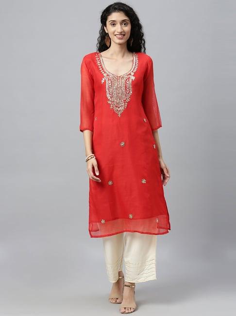 geroo jaipur red hand embroidered chanderi kurta with off white  palazzo