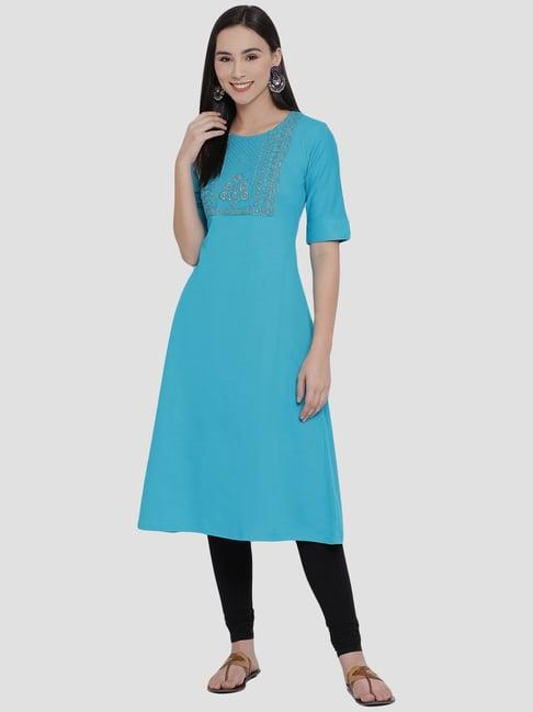 span blue cotton embroidered a line kurta