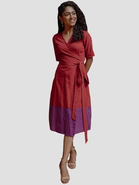 okhai masakali maroon & violet pure cotton a-line dress