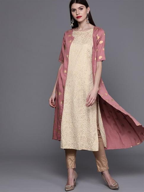 aks couture beige & pink printed a line kurta