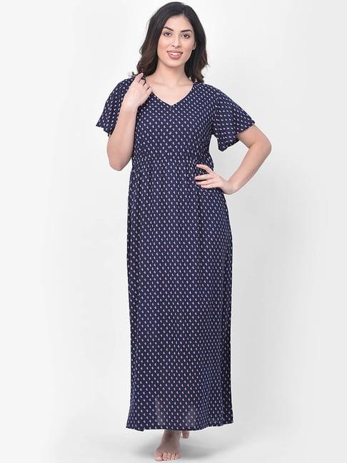 clovia blue floral print long night dress