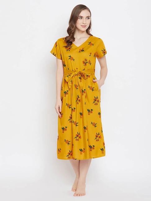 clovia mustard floral print nighty