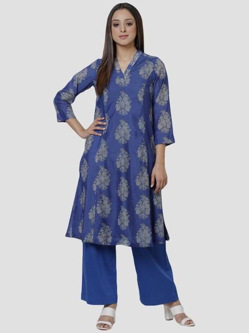 biba royal blue printed kurta pant set