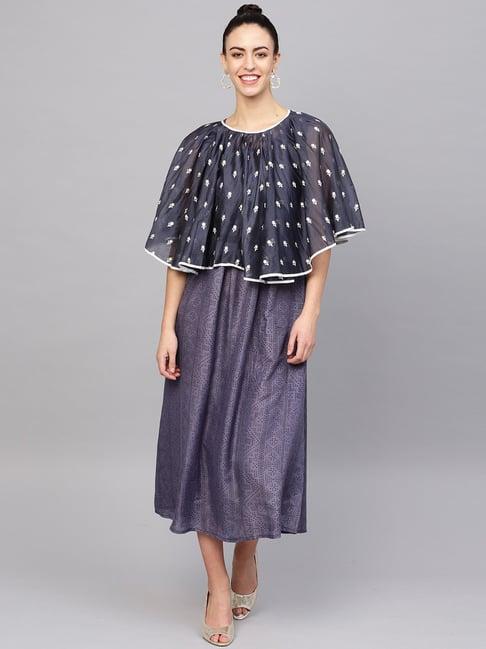 indo era navy printed a-line dress