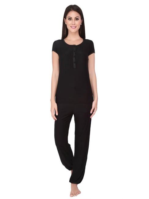 soie black round neck top with pyjama set