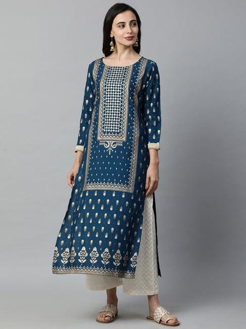 indo era teal printed kurta