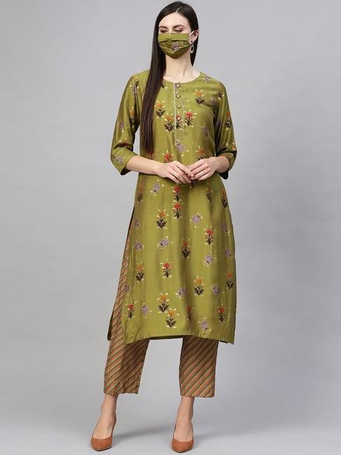 cayman olive green & beige cotton printed kurta pant set with mask