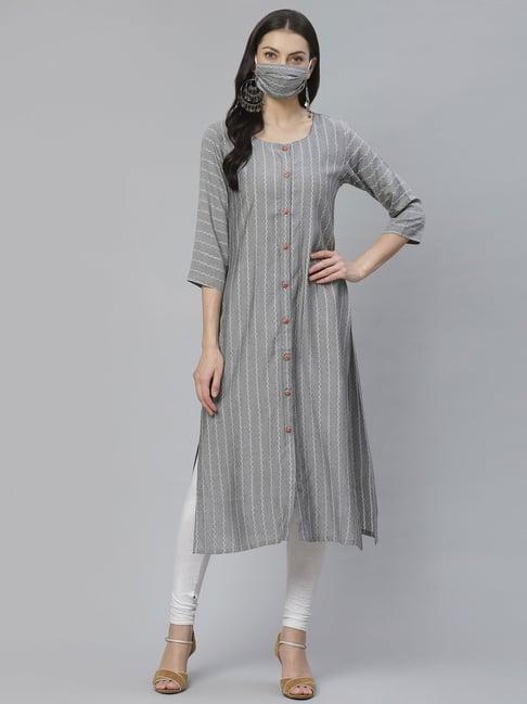 cayman grey striped straight kurta with mask