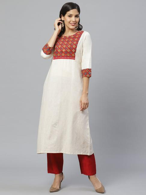 ksut off-white embellished a line kurta