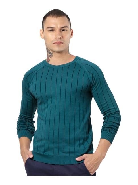 jack & jones teal green cotton slim fit striped sweatshirt