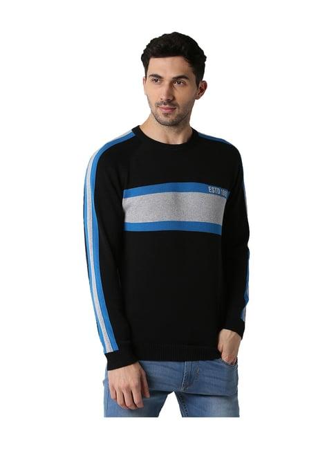 peter england black & blue cotton striped sweater