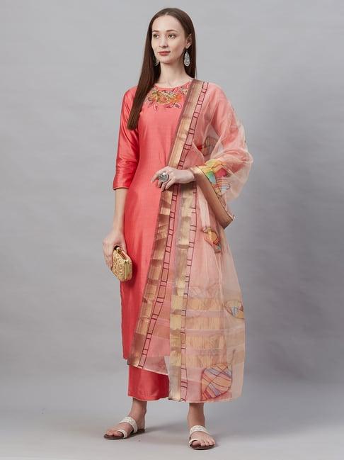 indo era red embroidered kurta with palazzo & dupatta