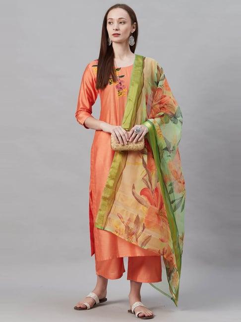 indo era orange embroidered kurta with palazzo & dupatta