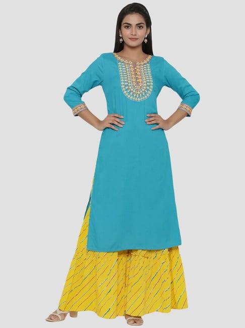 rangmayee turquoise embroidered kurta bottom set