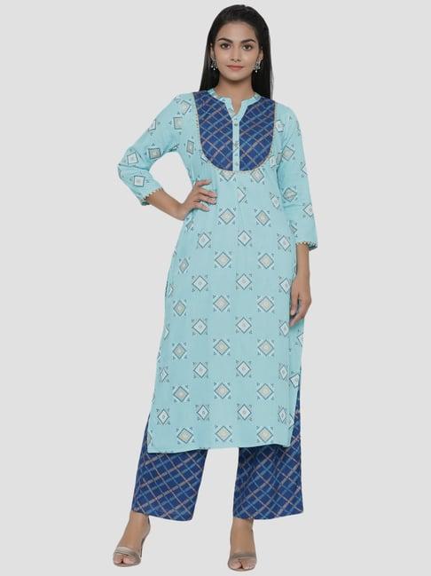 rangmayee turquoise printed kurta bottom set