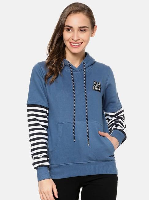 campus sutra blue full sleeves hooded sweatshirt