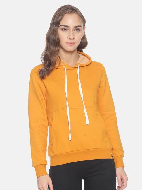 campus sutra mustard full sleeves hooded sweatshirt