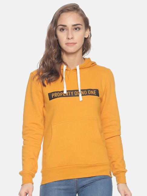 campus sutra mustard full sleeves hooded sweatshirt