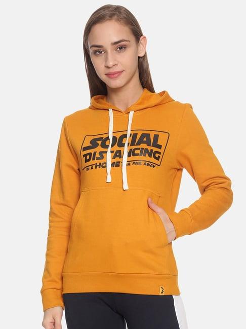 campus sutra mustard full sleeves hooded sweatshirt