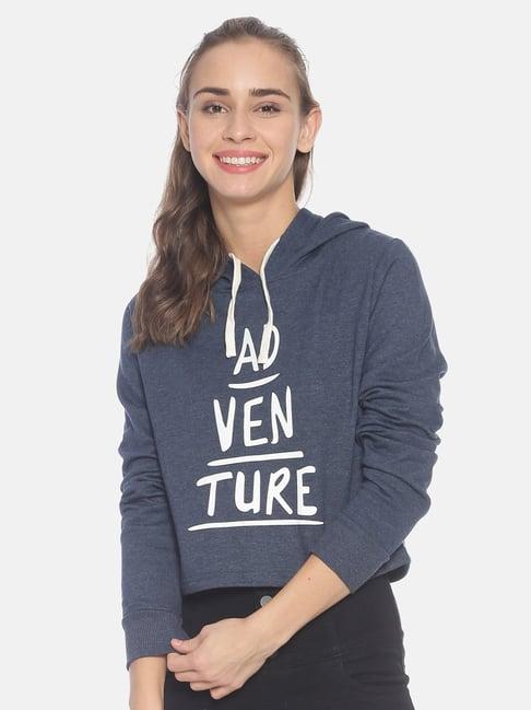 campus sutra indigo full sleeves hooded sweatshirt