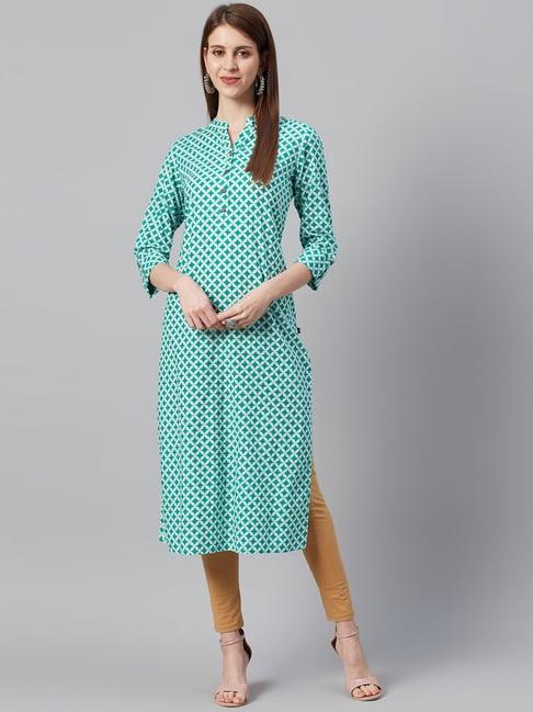 ksut cyan blue cotton printed straight kurta