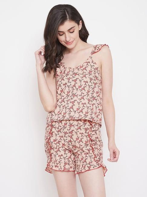 clovia pink & beige floral print cami top & shorts set