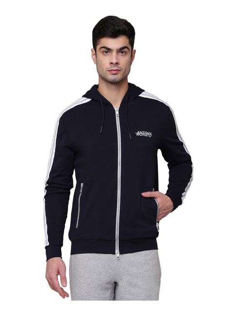 antony morato navy cotton regular fit striped hooded sweatshirt