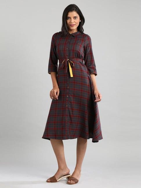 aurelia maroon cotton plaid pattern a-line dress