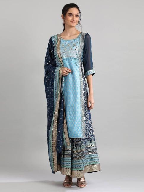 aurelia blue embellished kurta skirt set with dupatta