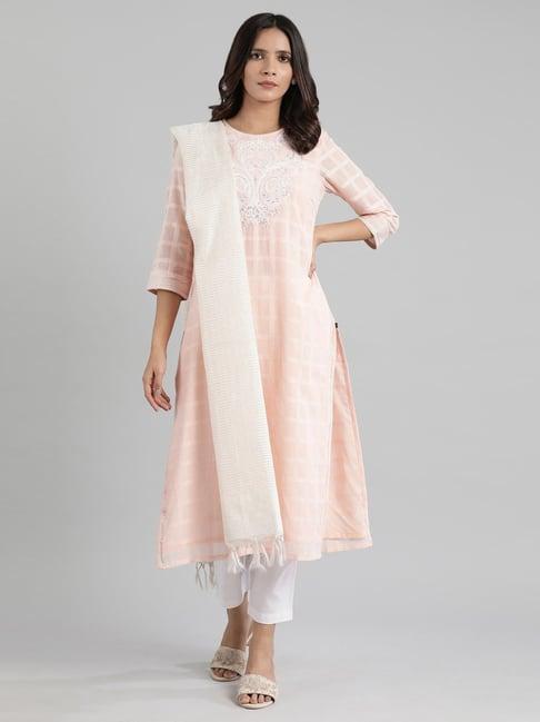 aurelia blush pink & white cotton embroidered kurta pant set with dupatta