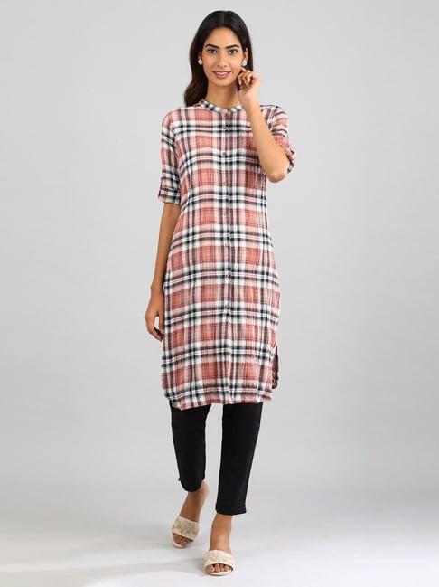 aurelia peach chequered straight kurta