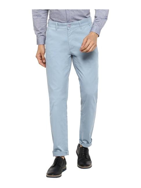 red chief sky blue regular fit flat front trousers