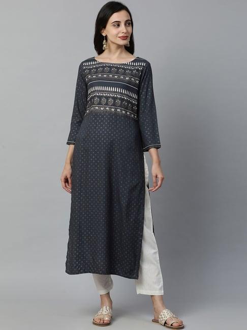 indo era grey cotton floral print straight kurta