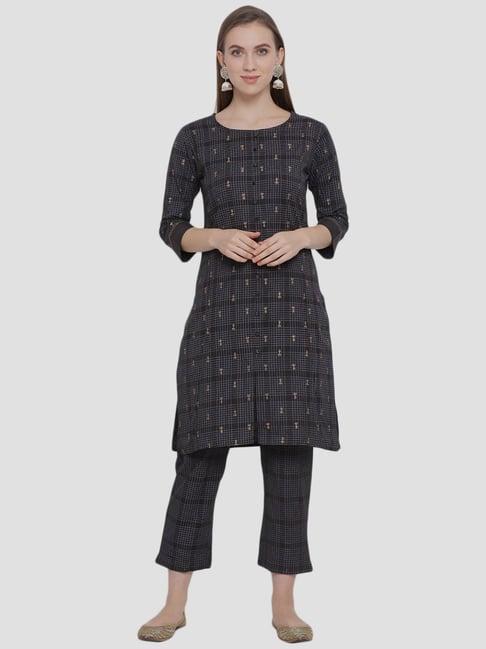 span grey cotton printed kurta pant set