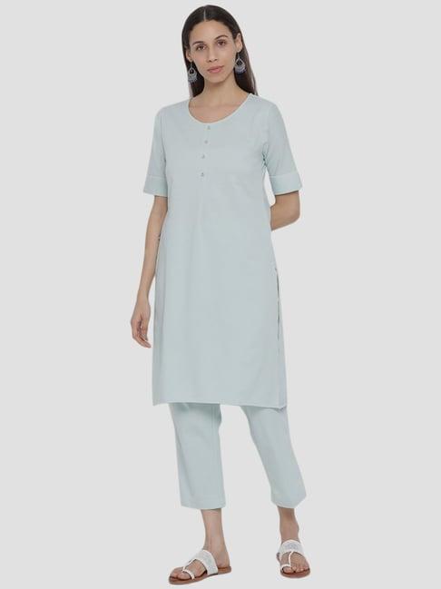 span mint green cotton kurta pant set