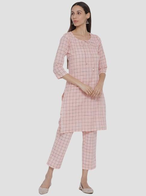 span blush pink cotton chequered kurta pant set